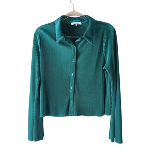 Ro&De‎ Pleated Button-Down Shirt Teal Green Long Sleeve Collared Top